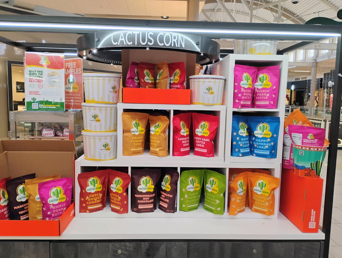 Cactus Corn kiosk display of Phoenix made popcorn gifts