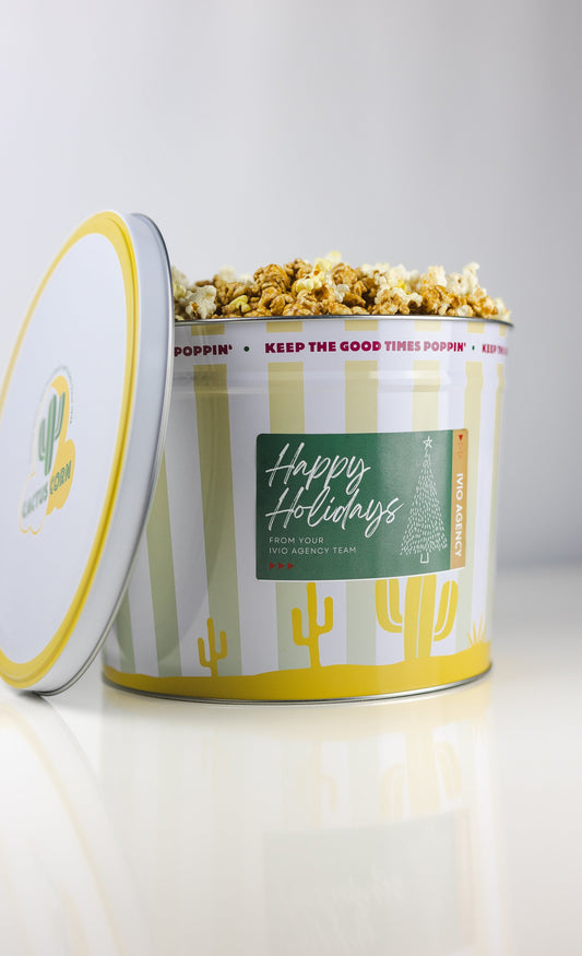 Custom-branded Cactus Corn holiday popcorn gift tin for a Phoenix company