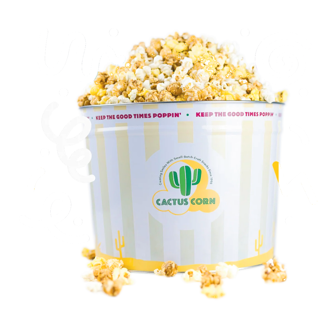Cactus Corn kettle corn bucket with fresh popcorn spilling out