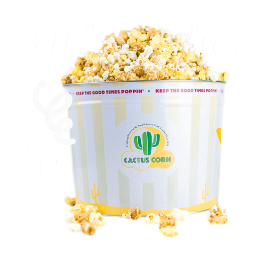 Cactus Corn kettle corn bucket with fresh popcorn spilling out