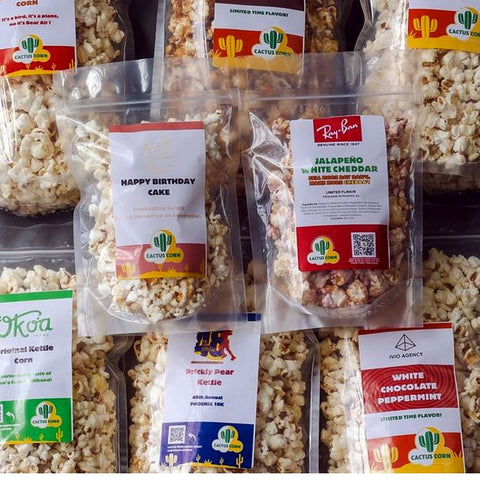 Custom labeled Cactus Corn popcorn bags made for Arizona brands and client gifts