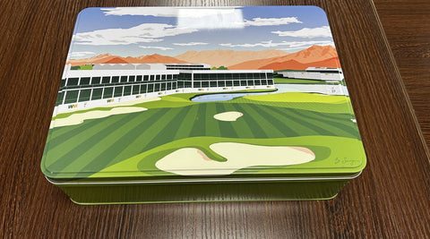 Custom Cactus Corn popcorn tin illustrated with the WM Phoenix Open 17th hole at TPC Scottsdale