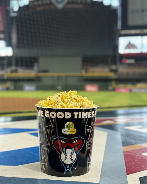 Cactus Corn and Arizona Diamondbacks souvenir popcorn bucket on the field at Chase Field in Phoenix