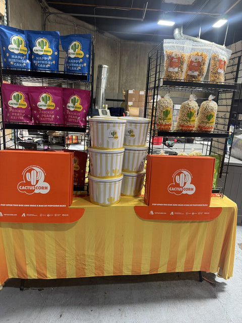 Cactus Corn popcorn racks, gift tins, and shipper boxes at the Phoenix production facility