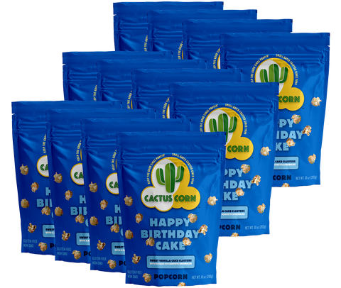 Twelve bags of Cactus Corn Happy Birthday Cake popcorn, the 12-pack