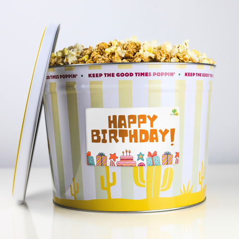 Cactus Corn Birthday Popcorn Gift Tin with festive Arizona design