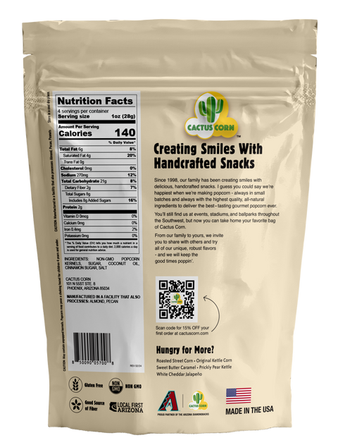 Back of the Cactus Corn Desert Churro Crunch bag with the Nutrition Facts panel and our story