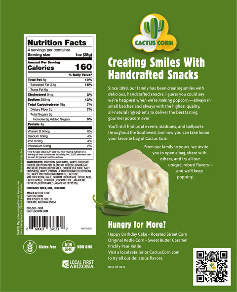 Close-up of Cactus Corn White Cheddar Jalapeno gourmet popcorn