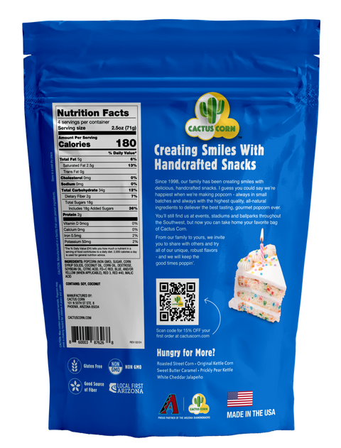 Back of the Cactus Corn Happy Birthday Cake bag with the Nutrition Facts panel and our story