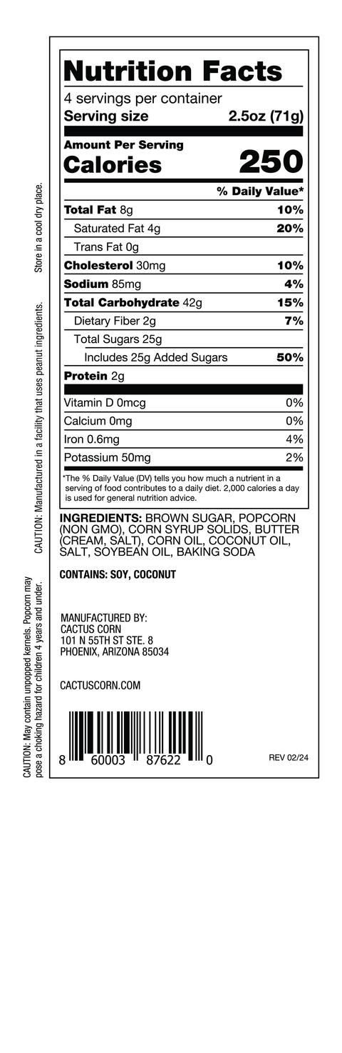 Nutrition Facts, ingredients, and allergen label for Cactus Corn Sweet Butter Caramel popcorn