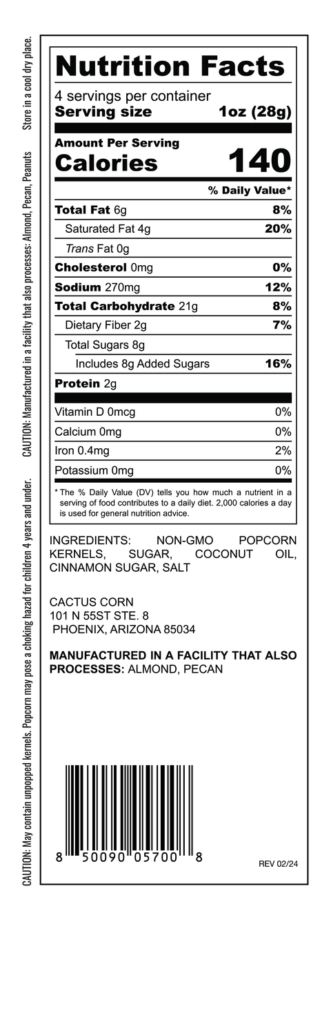 Nutrition Facts, ingredients, and allergen label for Cactus Corn Desert Churro Crunch popcorn