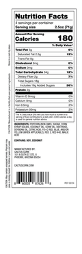 Nutrition Facts, ingredients, and allergen label for Cactus Corn Happy Birthday Cake popcorn