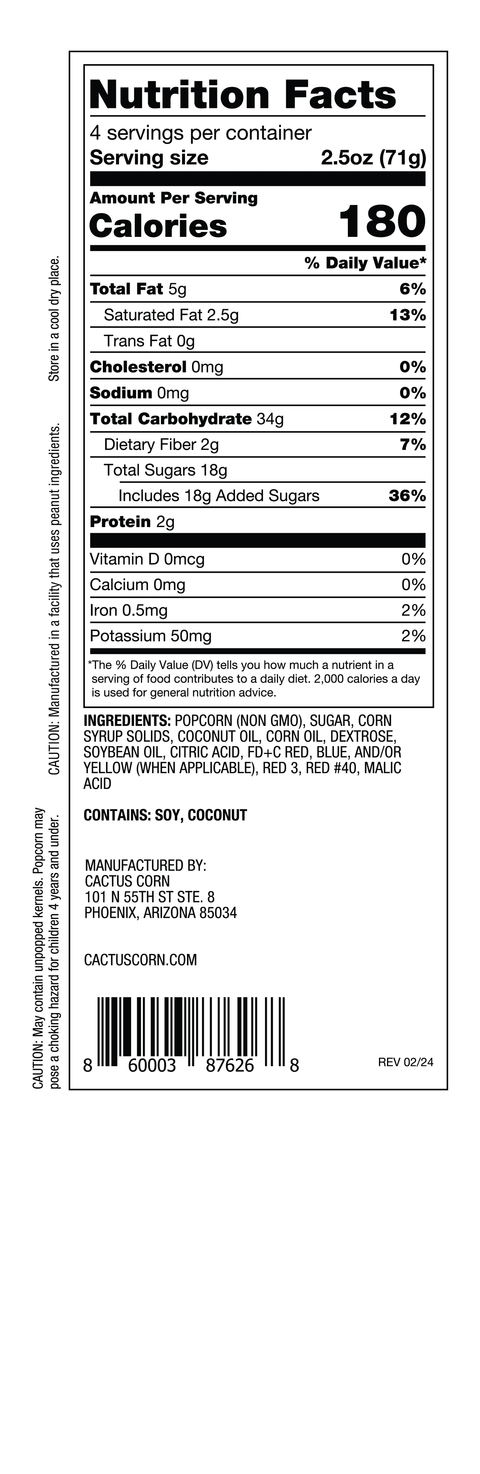 Nutrition Facts, ingredients, and allergen label for Cactus Corn Happy Birthday Cake popcorn