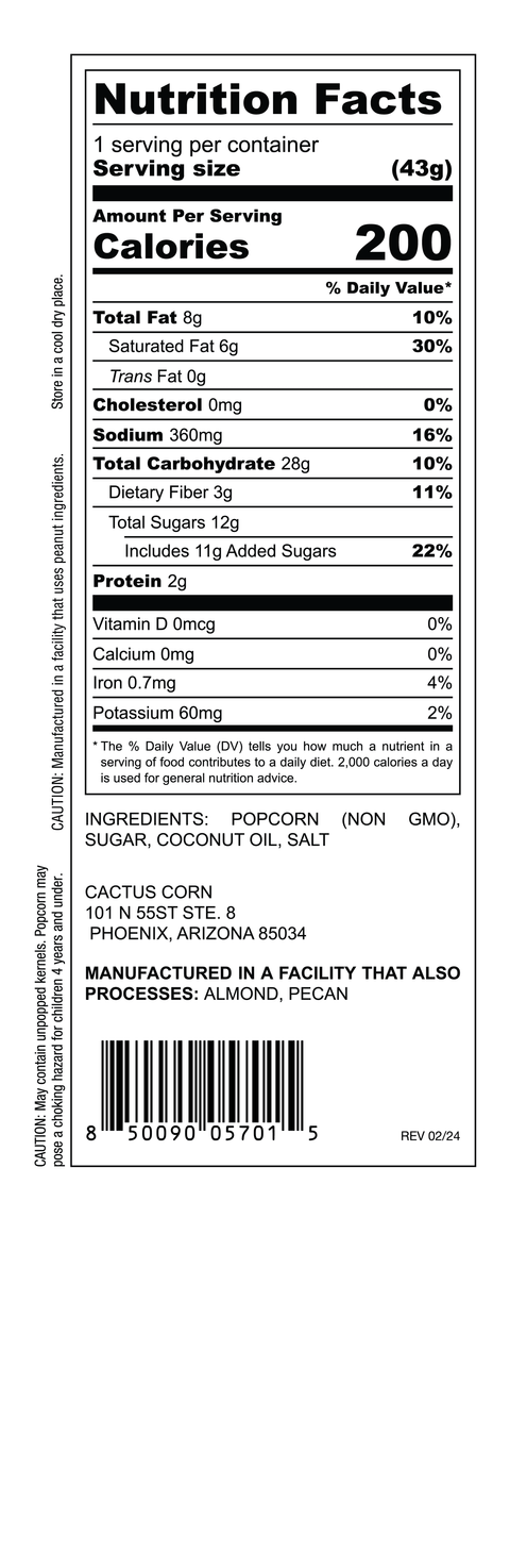 Nutrition Facts, ingredients, and allergen label for Cactus Corn Original Kettle Corn popcorn