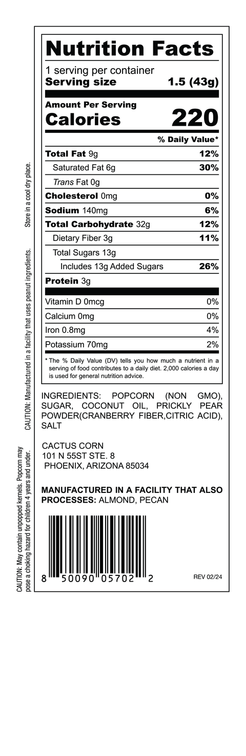 Nutrition Facts, ingredients, and allergen label for Cactus Corn Prickly Pear Kettle Corn popcorn