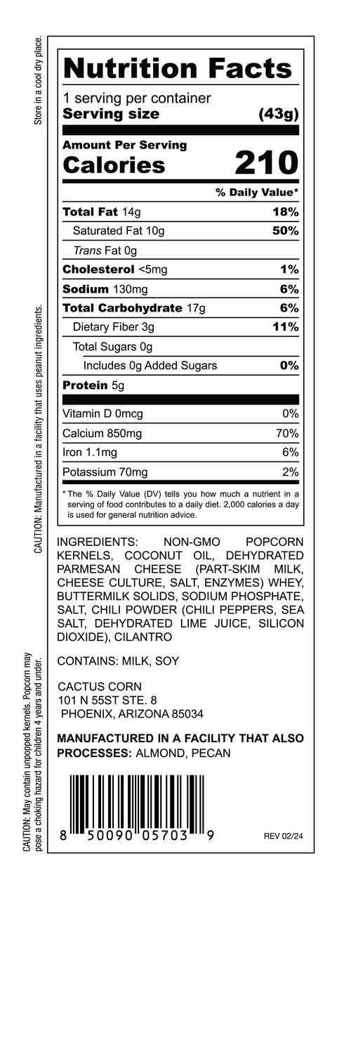 Nutrition Facts, ingredients, and allergen label for Cactus Corn Roasted Street Corn popcorn