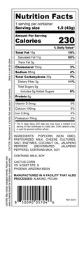Nutrition Facts, ingredients, and allergen label for Cactus Corn White Cheddar Jalapeño popcorn