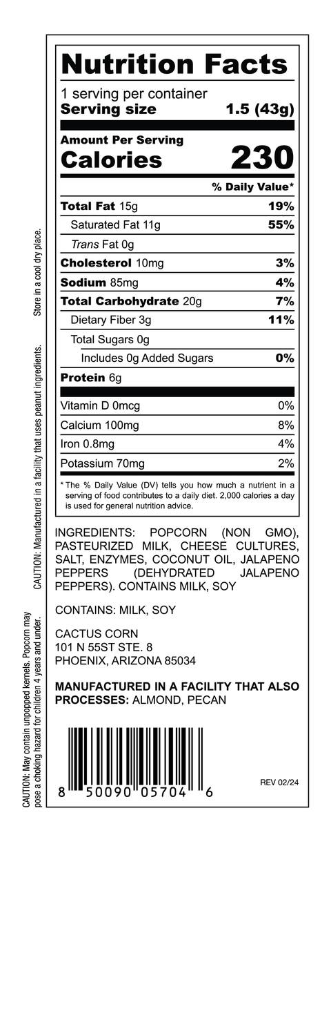 Nutrition Facts, ingredients, and allergen label for Cactus Corn White Cheddar Jalapeño popcorn