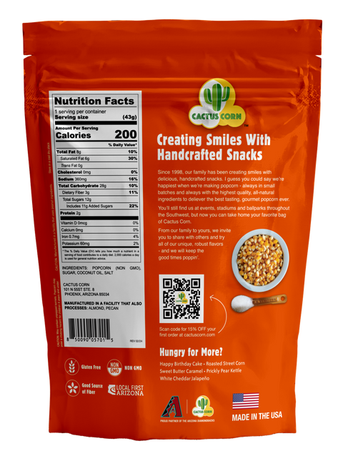 Back of the Cactus Corn Original Kettle Corn bag with the Nutrition Facts panel and our story