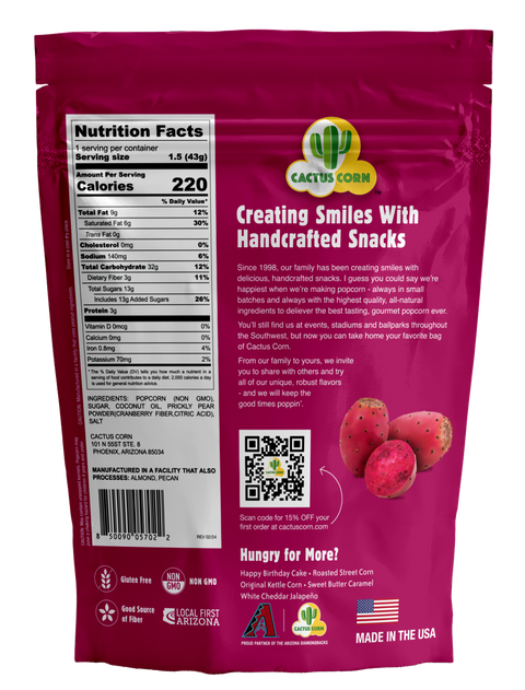 Back of the Cactus Corn Prickly Pear Kettle Corn bag with the Nutrition Facts panel and our story