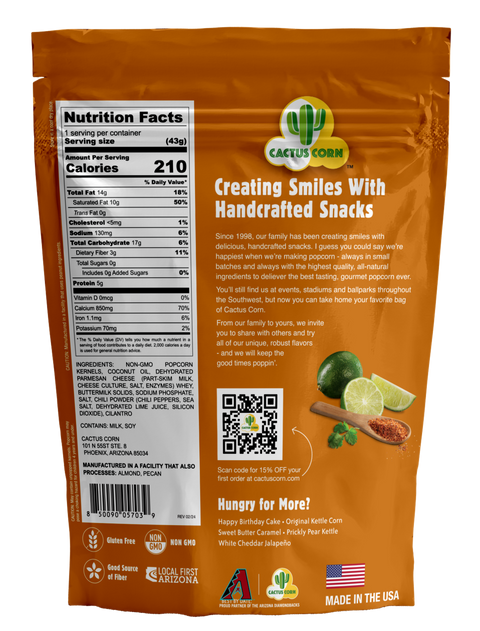 Back of the Cactus Corn Roasted Street Corn bag with the Nutrition Facts panel and our story