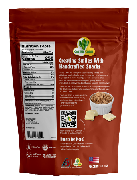 Back of the Cactus Corn Sweet Butter Caramel bag with the Nutrition Facts panel and our story