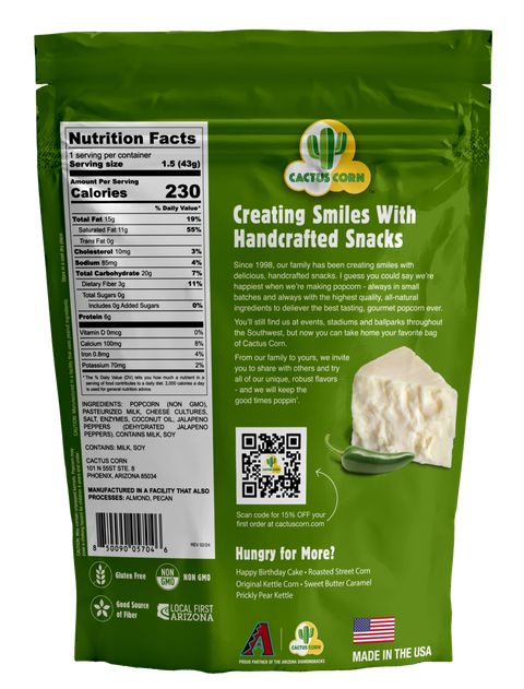 Back of the Cactus Corn White Cheddar Jalapeño bag with the Nutrition Facts panel and our story