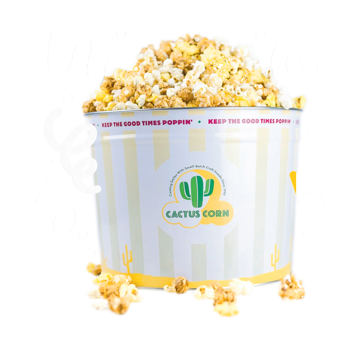 Cactus Corn kettle corn bucket with fresh popcorn, Arizona craft popcorn since 1998