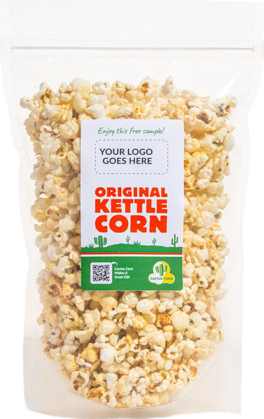 Cactus Corn full-size clear bag of kettle corn with a 3x5 label