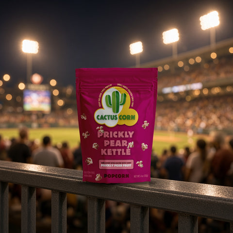 Prickly Pear Kettle Corn popcorn bag from Cactus Corn on a stadium railing during a night ballgame